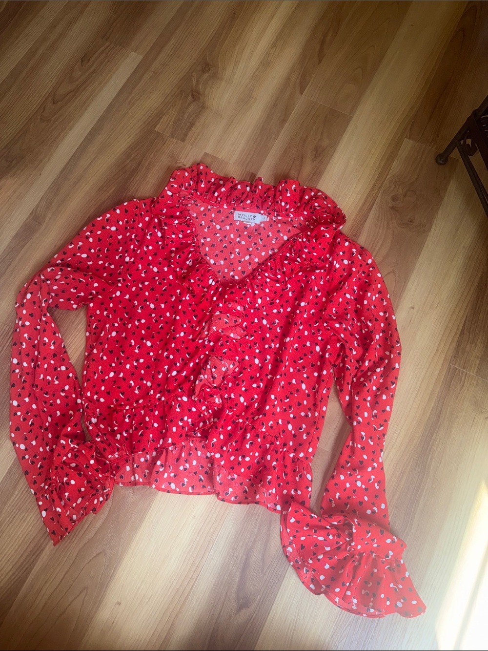 Molly Bracken Red Ruffle Heart-Print Blouse - Womens